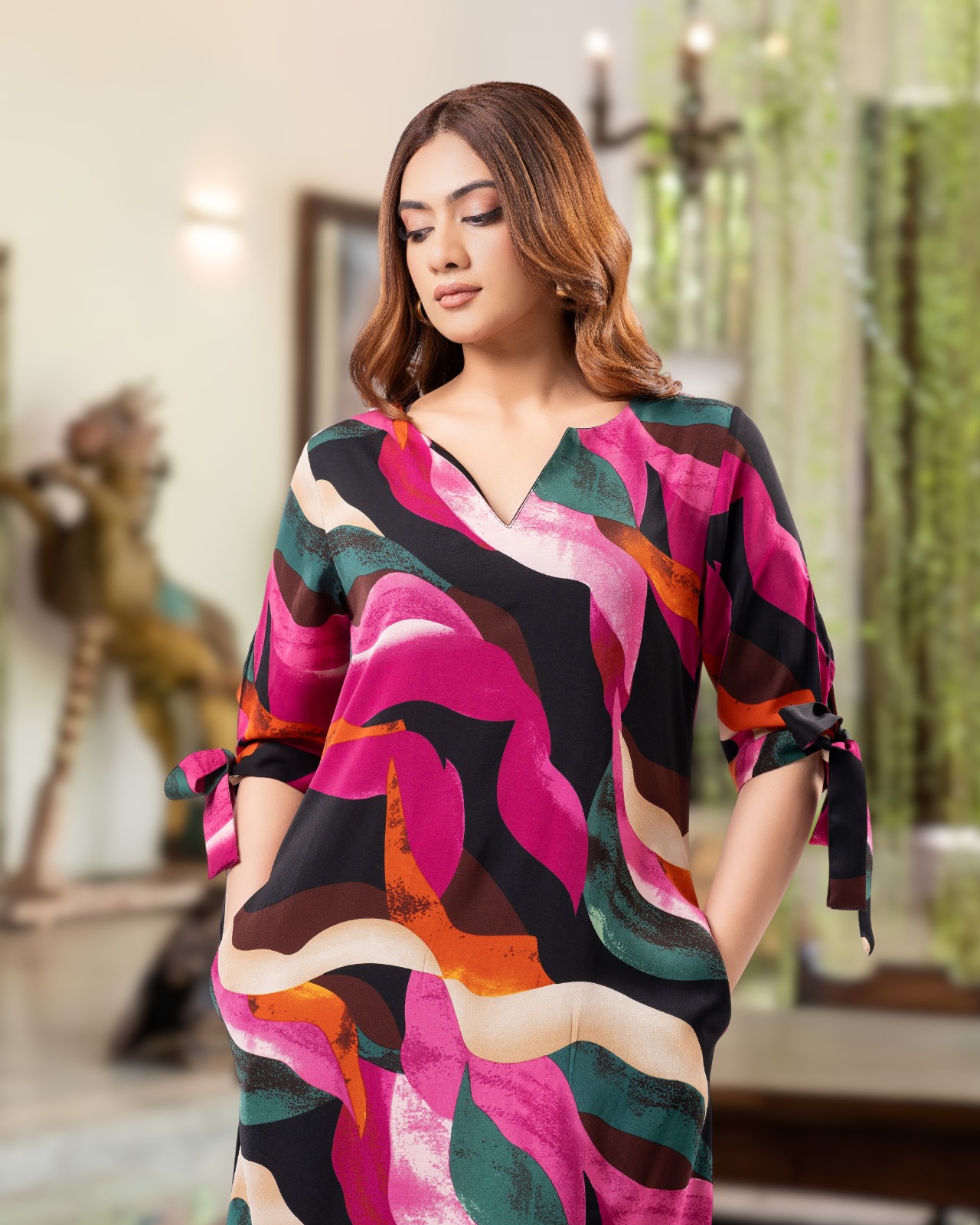 The Abstract Wave Tie-Sleeve Short Dress - Image 5