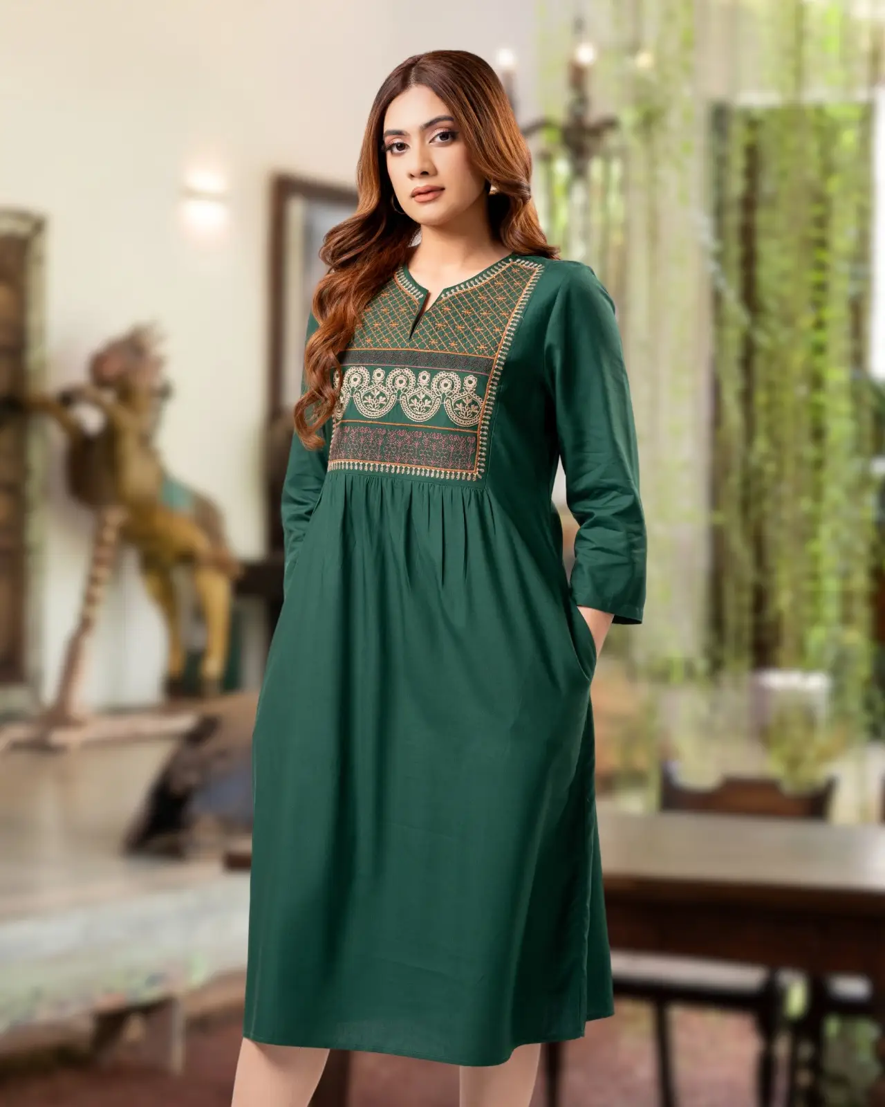 The Emerald Yoke Tapestry Gathered Short Dress - Image 2