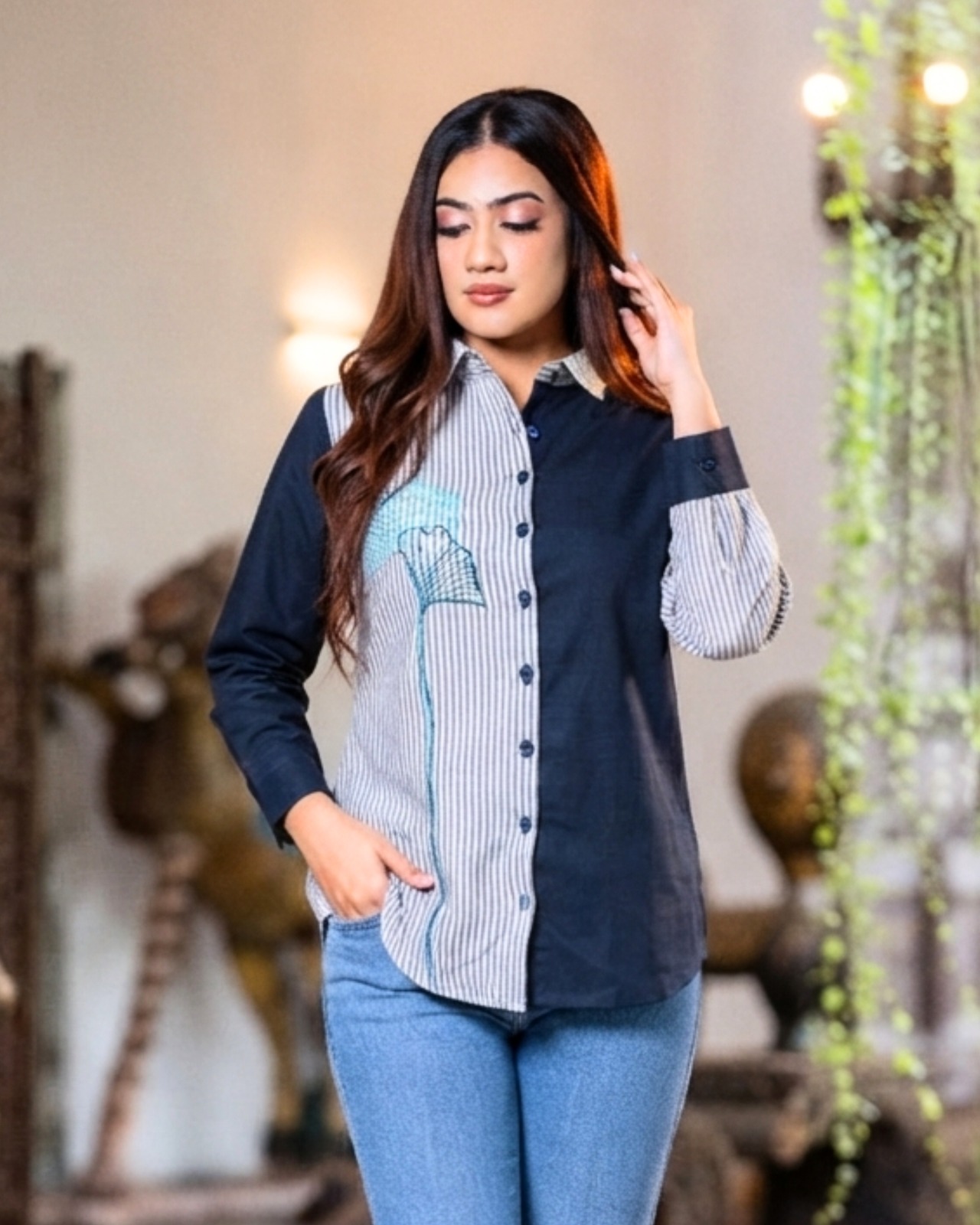 Embroidery Detailed Long Sleeve Button-Down Shirt Blouse - Image 3