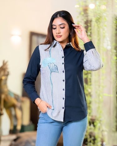 Embroidery Detailed Long Sleeve Button-Down Shirt Blouse