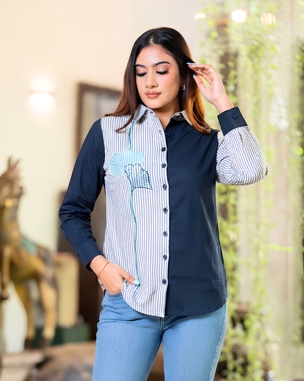 Embroidery Detailed Long Sleeve Button-Down Shirt Blouse