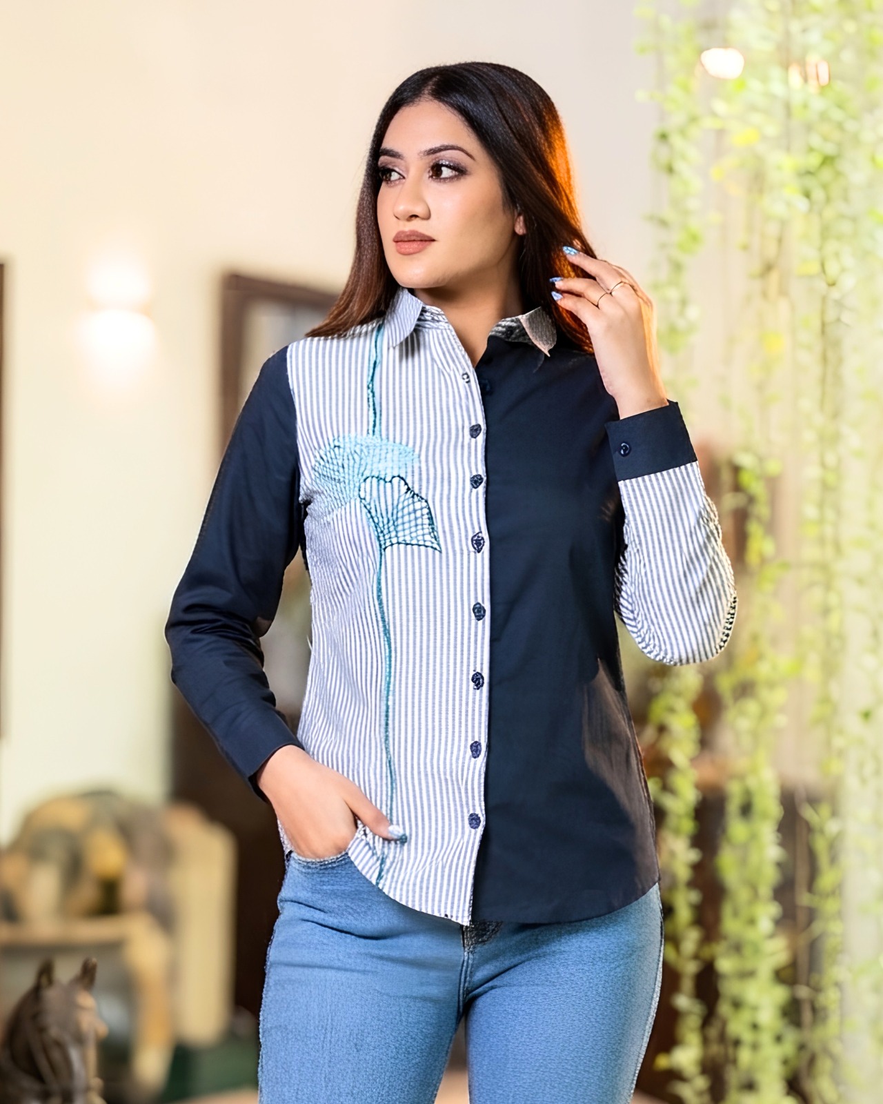 Embroidery Detailed Long Sleeve Button-Down Shirt Blouse - Image 2