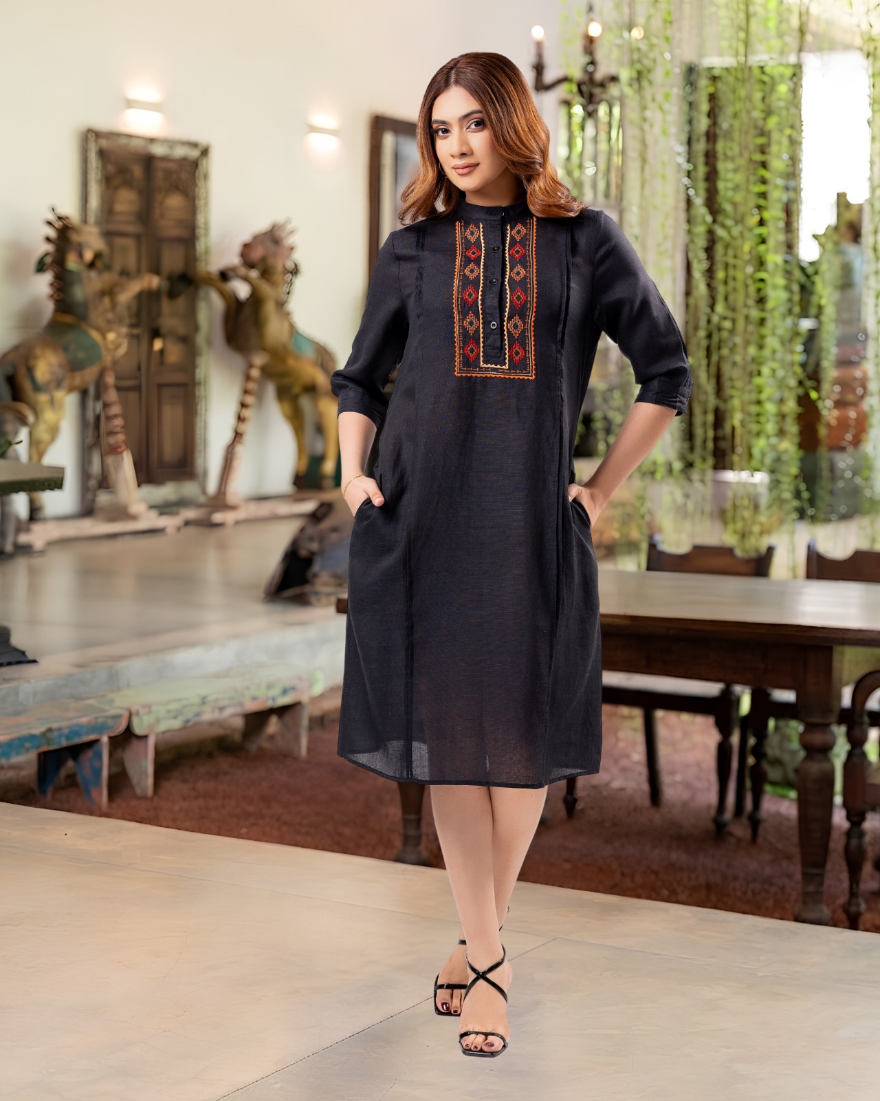 Geometric Embroidered Pintuck Detailed Short Dress - Image 2