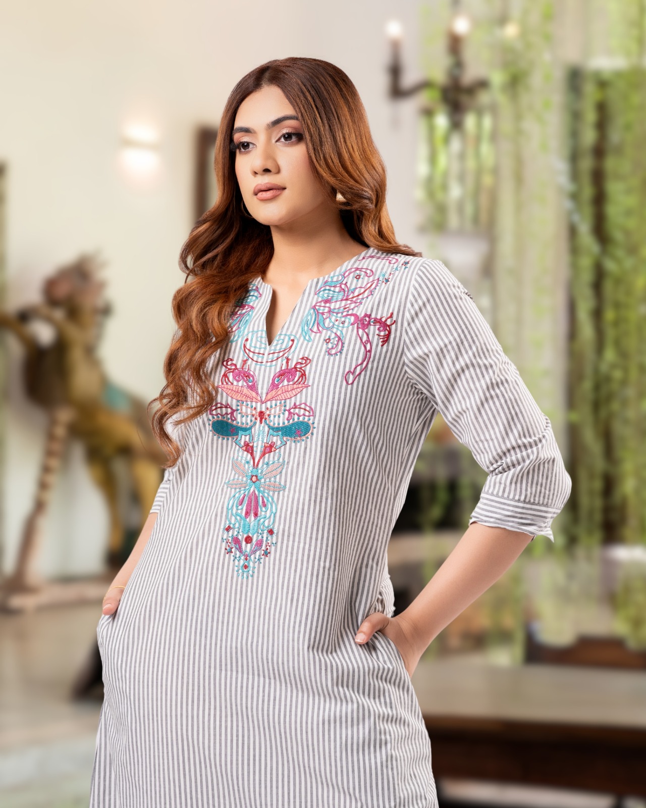 The Meadow Embroidered Pinstripe Maxi Dress - Image 5