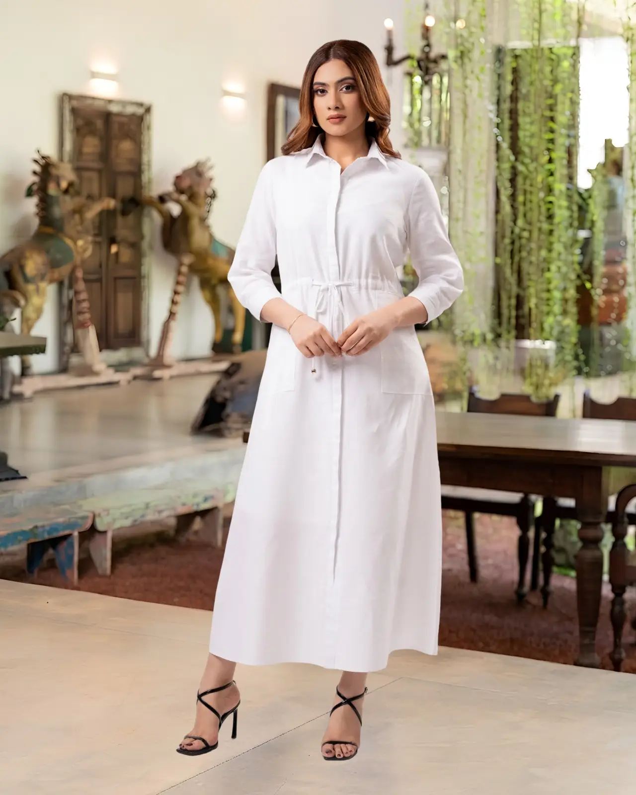 Button-Front Maxi Dress with Waist Tunnel Drawstring - Image 2