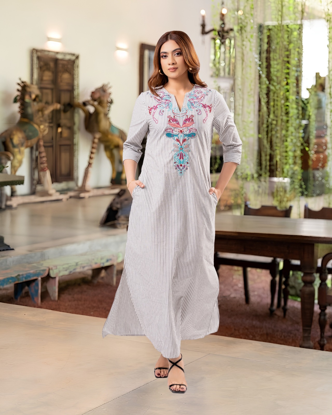 The Meadow Embroidered Pinstripe Maxi Dress - Image 3