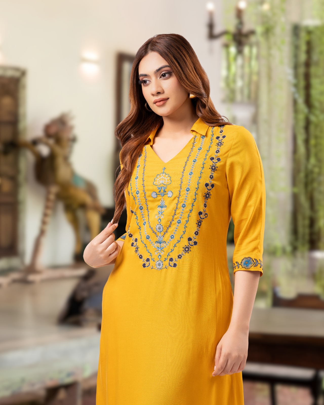 Mustard Sapphire Embroidered V Neck Midi Dress - Image 5