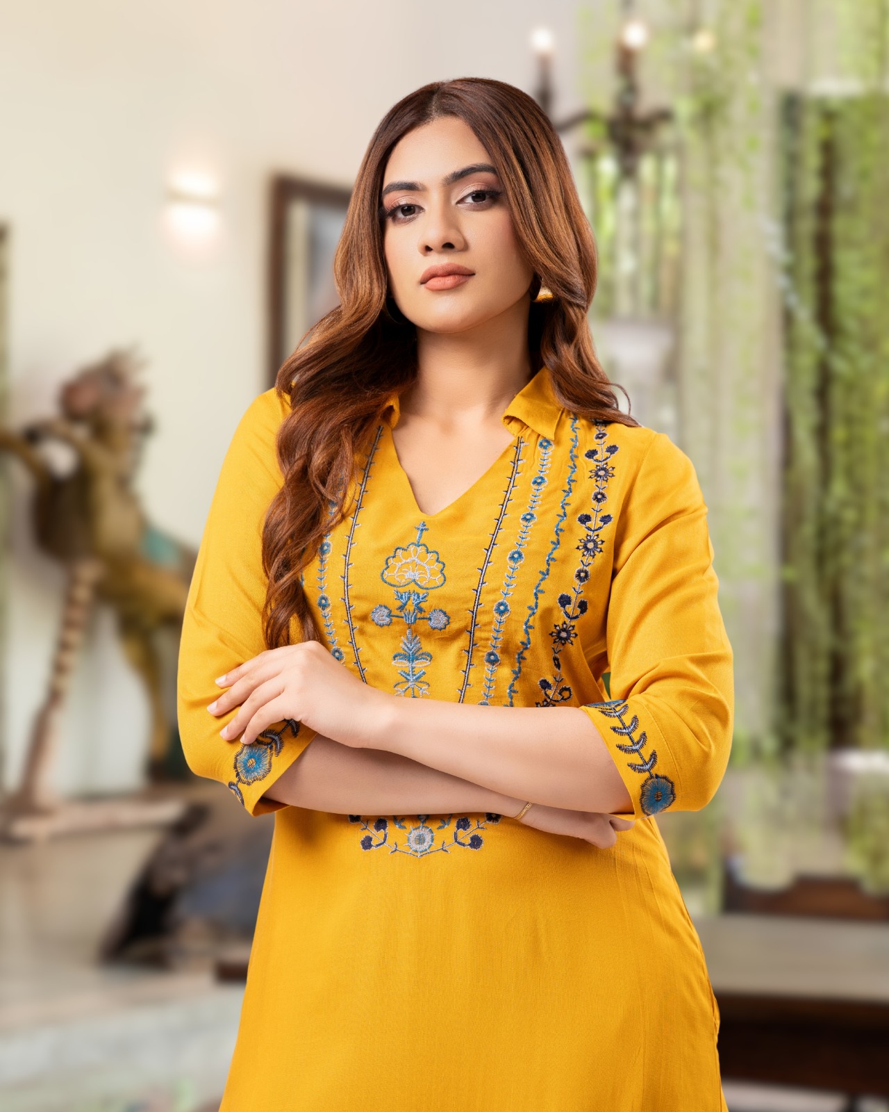 Mustard Sapphire Embroidered V Neck Midi Dress - Image 4