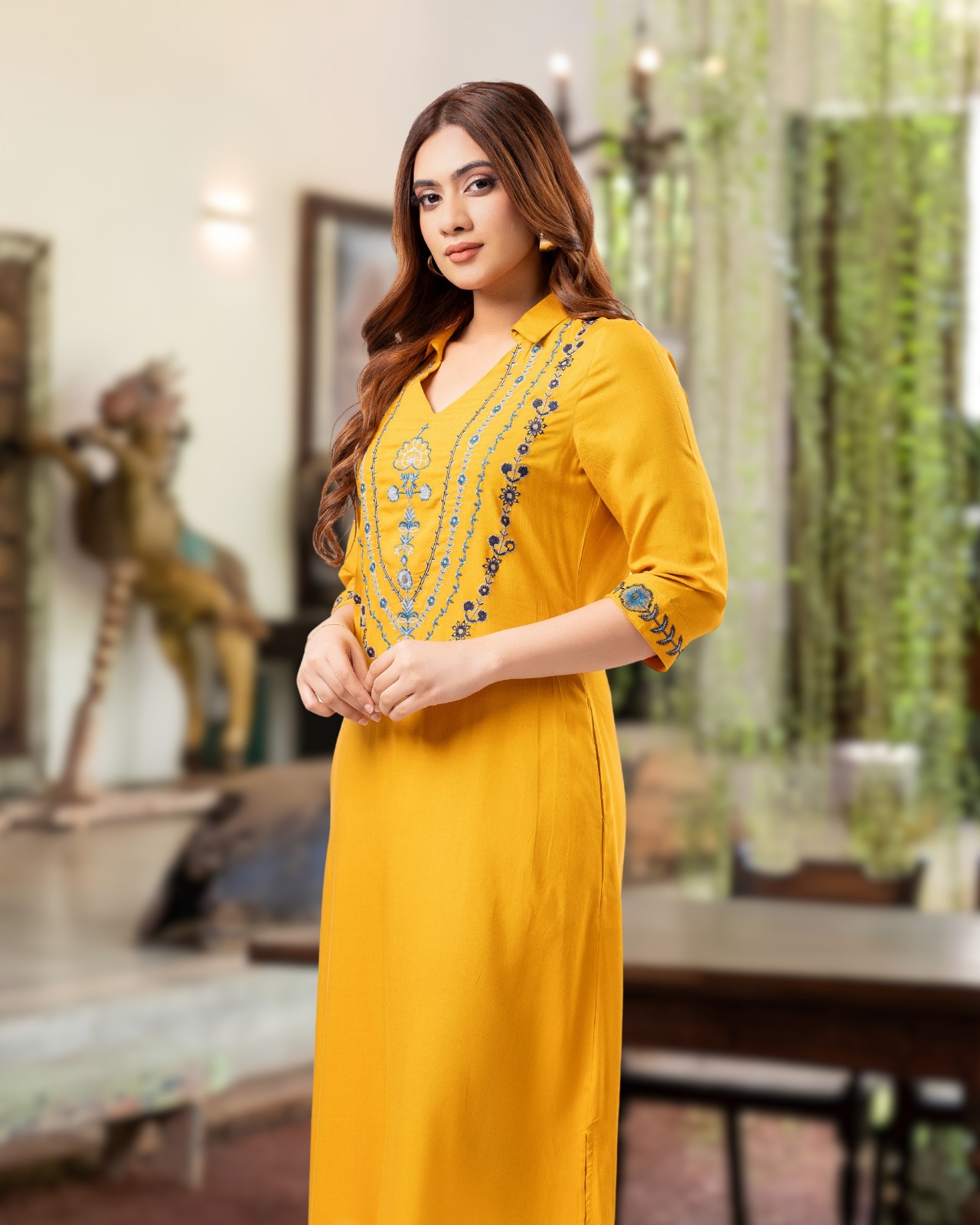 Mustard Sapphire Embroidered V Neck Midi Dress - Image 3