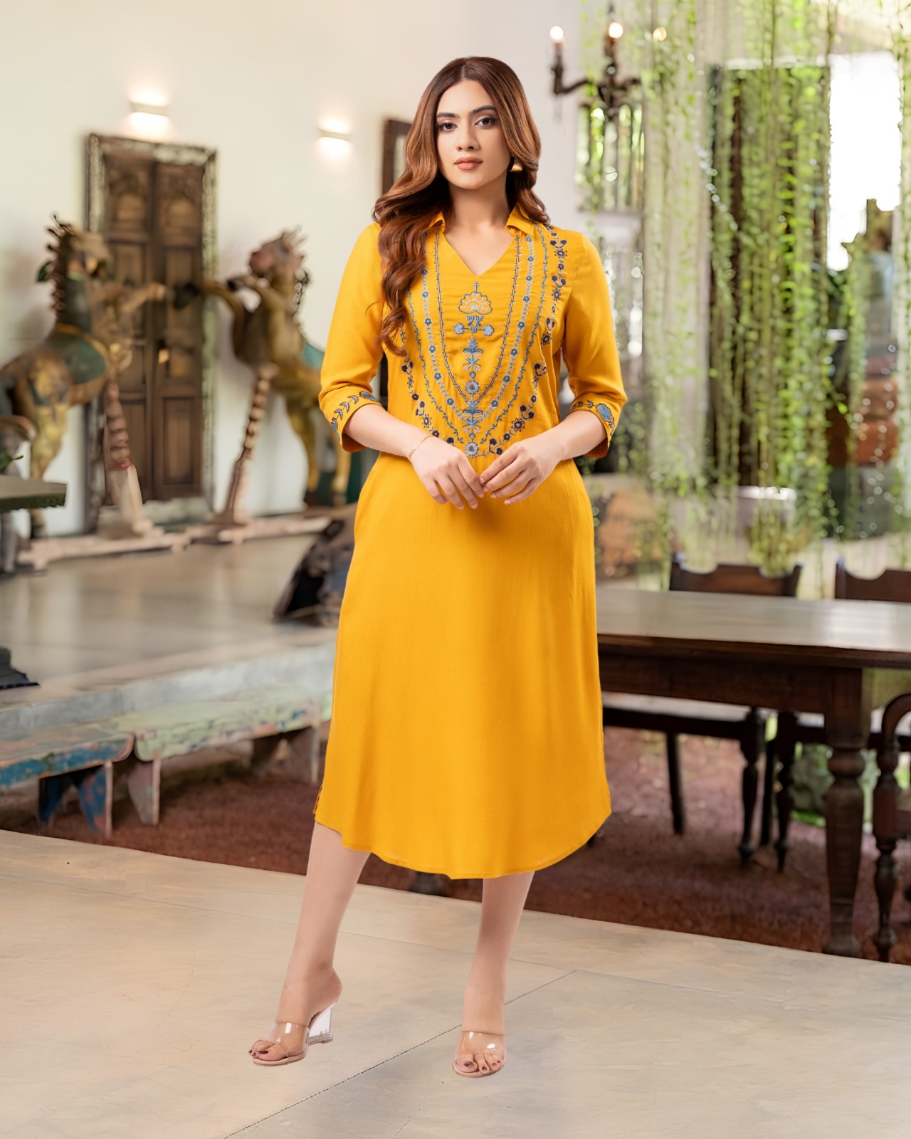 Mustard Sapphire Embroidered V Neck Midi Dress - Image 2