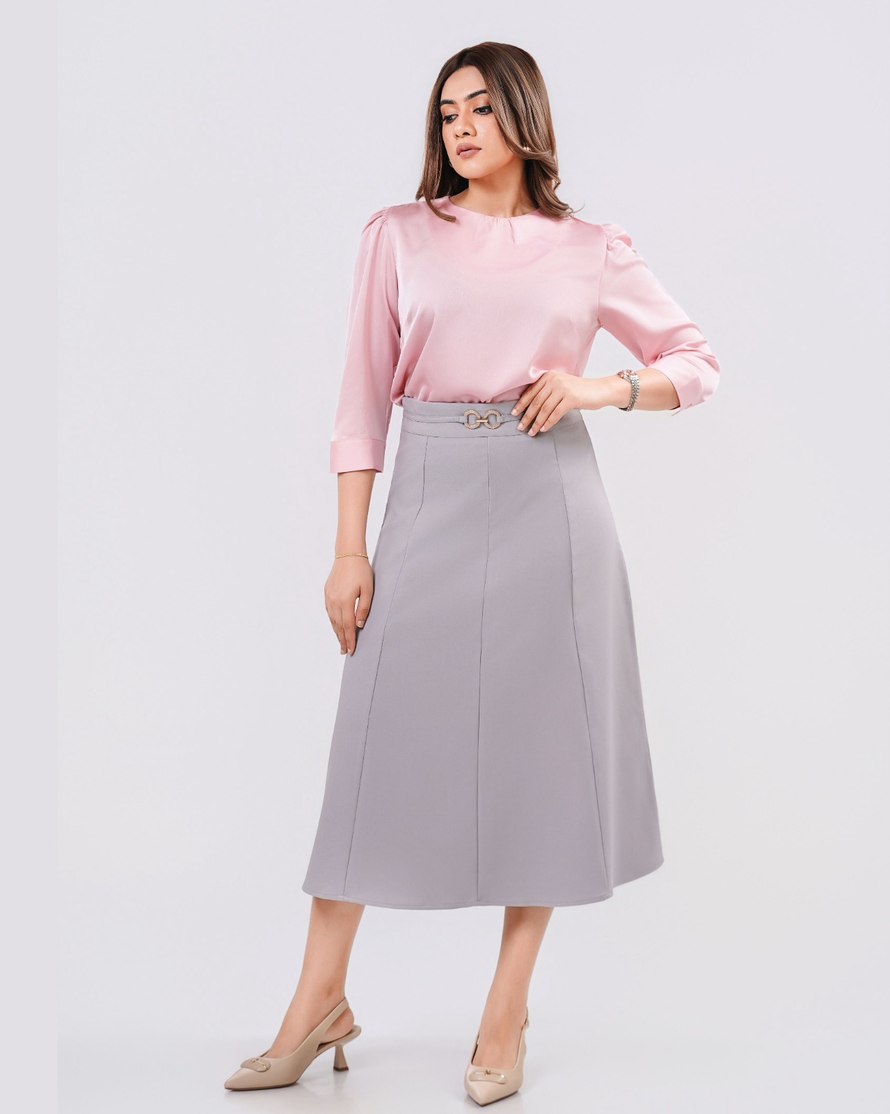 Paneled Midi Skirt with Interlocking Ring Buckle - Image 5