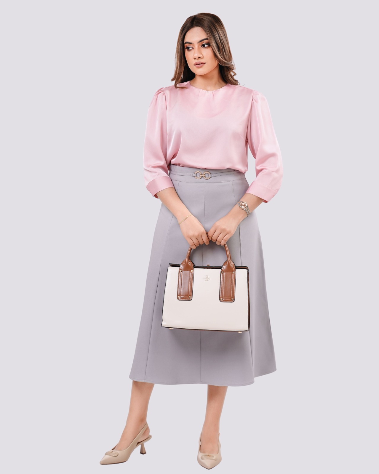 Paneled Midi Skirt with Interlocking Ring Buckle - Image 3