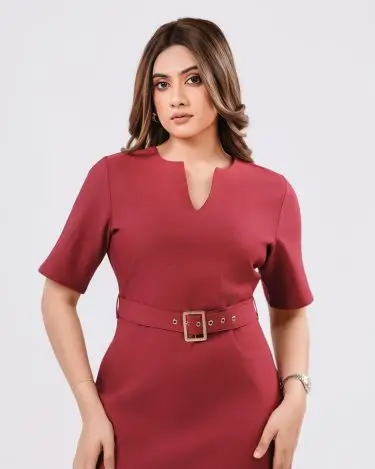 Burgundy Split-Neck Belted Short Dress