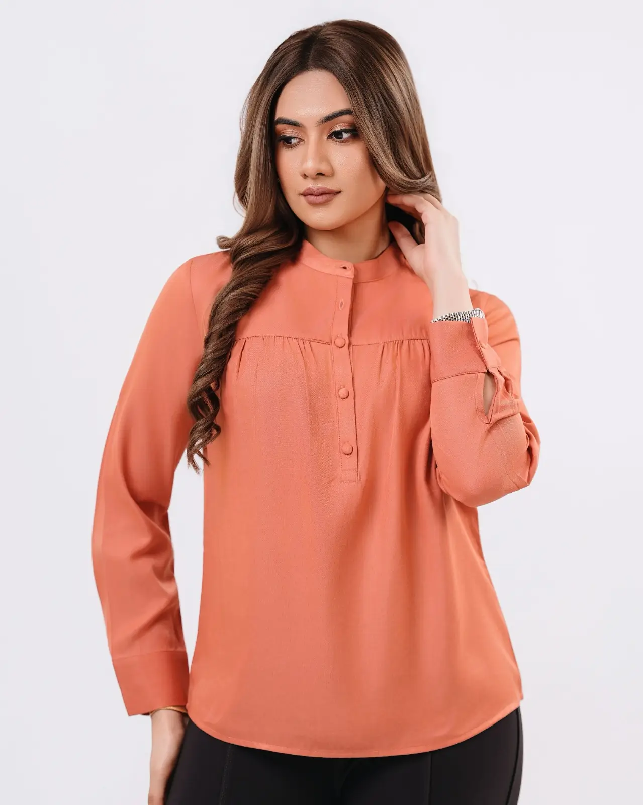 High Neck Gathered Long Sleeve Blouse - Image 2