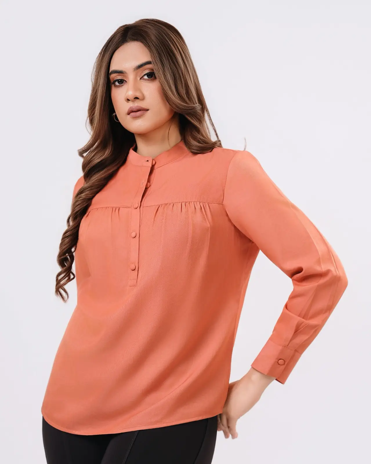 High Neck Gathered Long Sleeve Blouse - Image 3