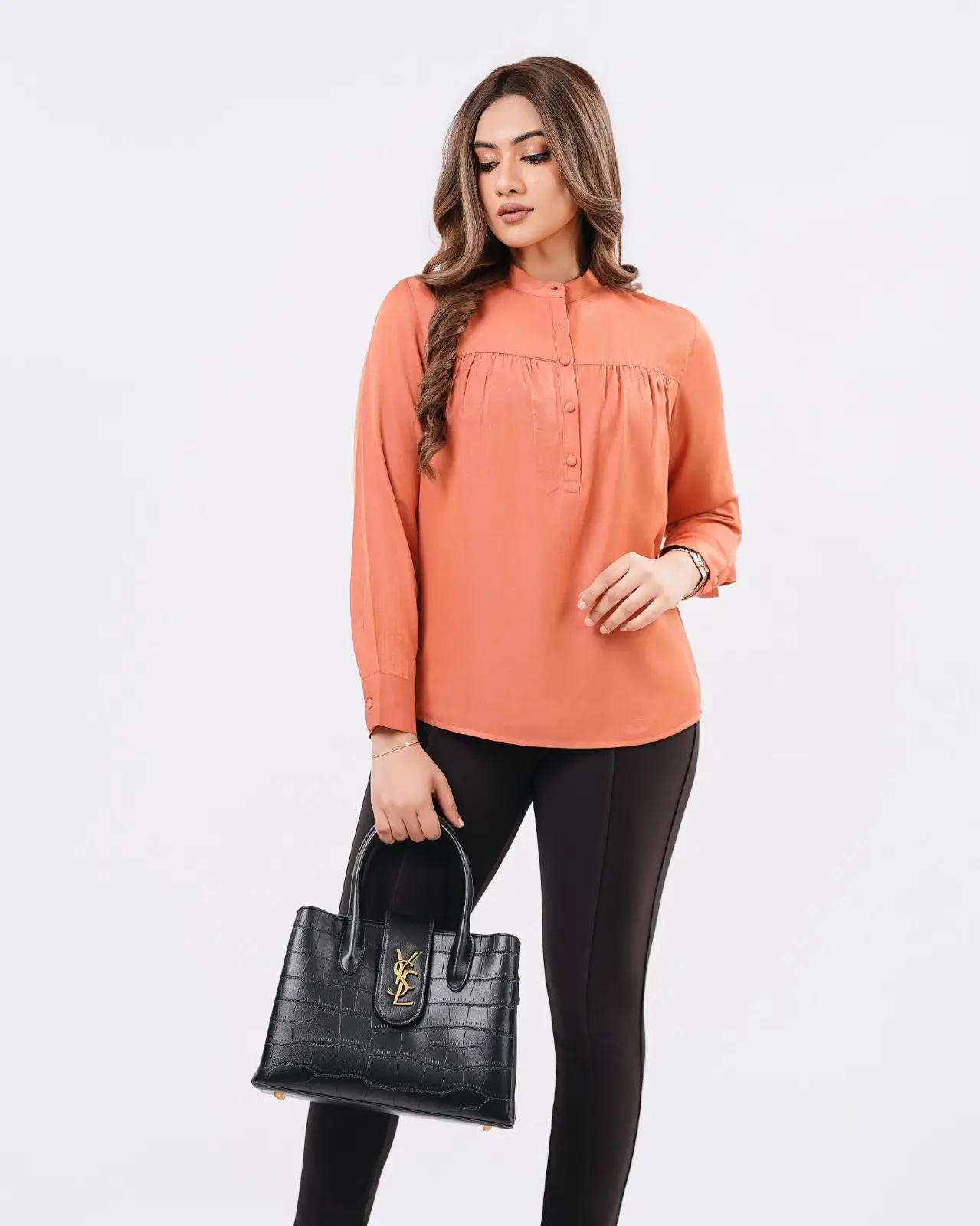 High Neck Gathered Long Sleeve Blouse - Image 4