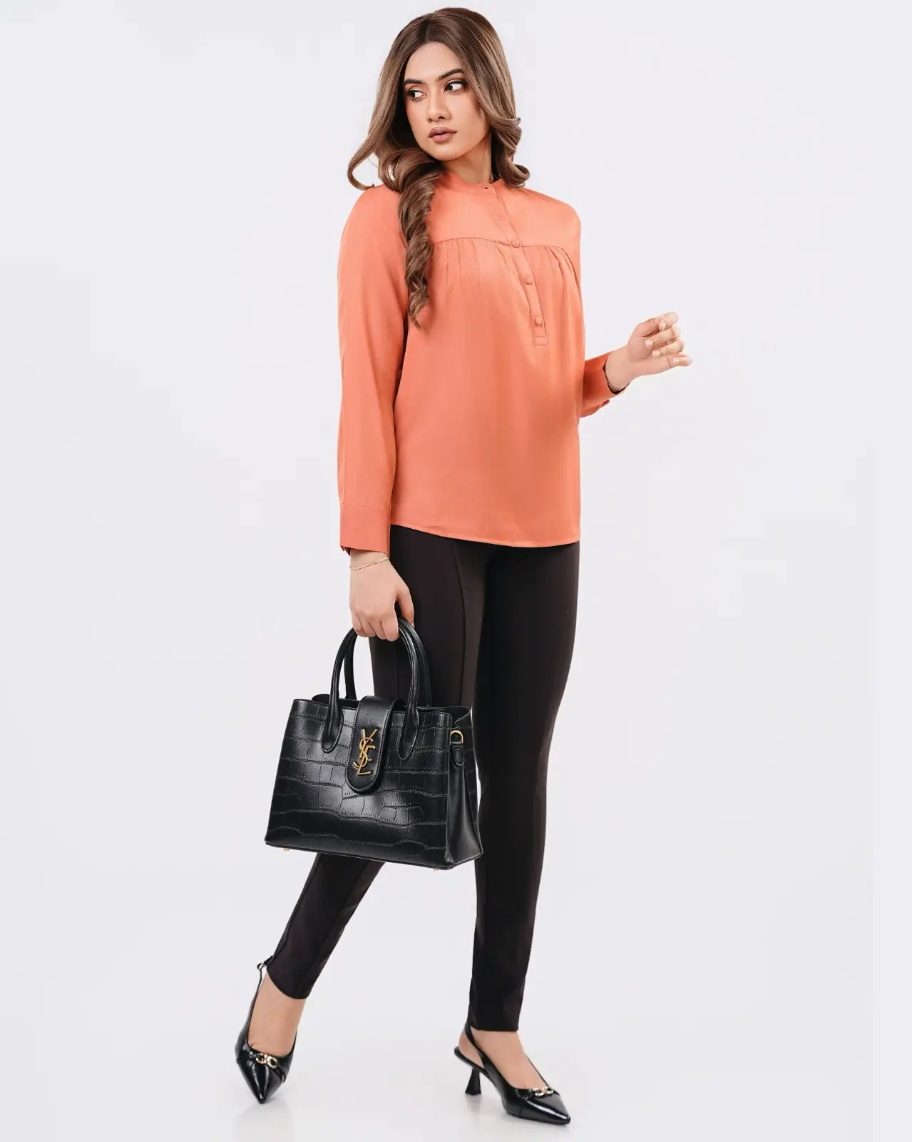 High Neck Gathered Long Sleeve Blouse - Image 5